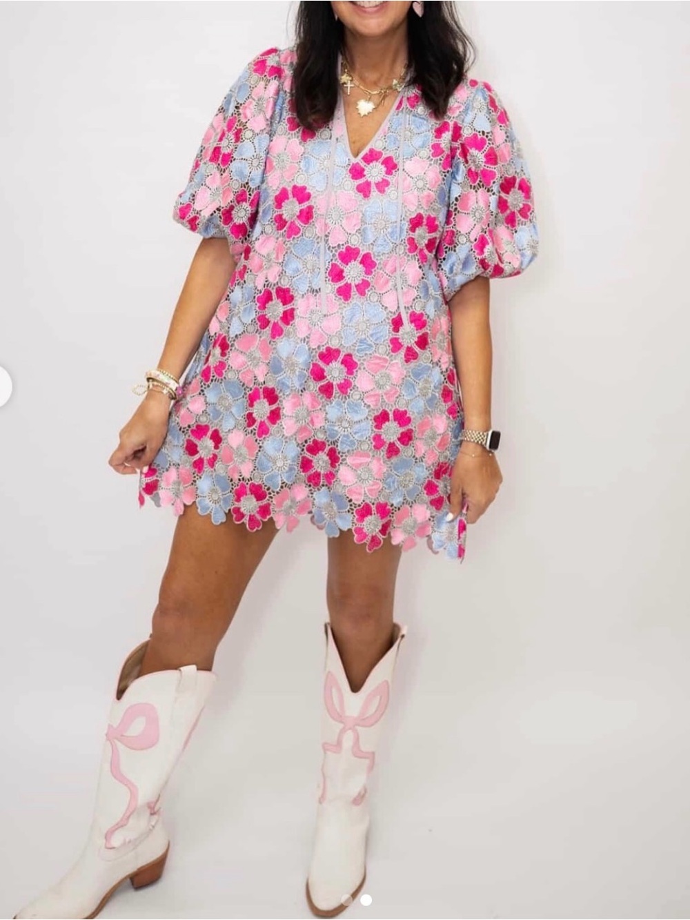 Buddy Love Pink and Blue Floral Embroidered Dress